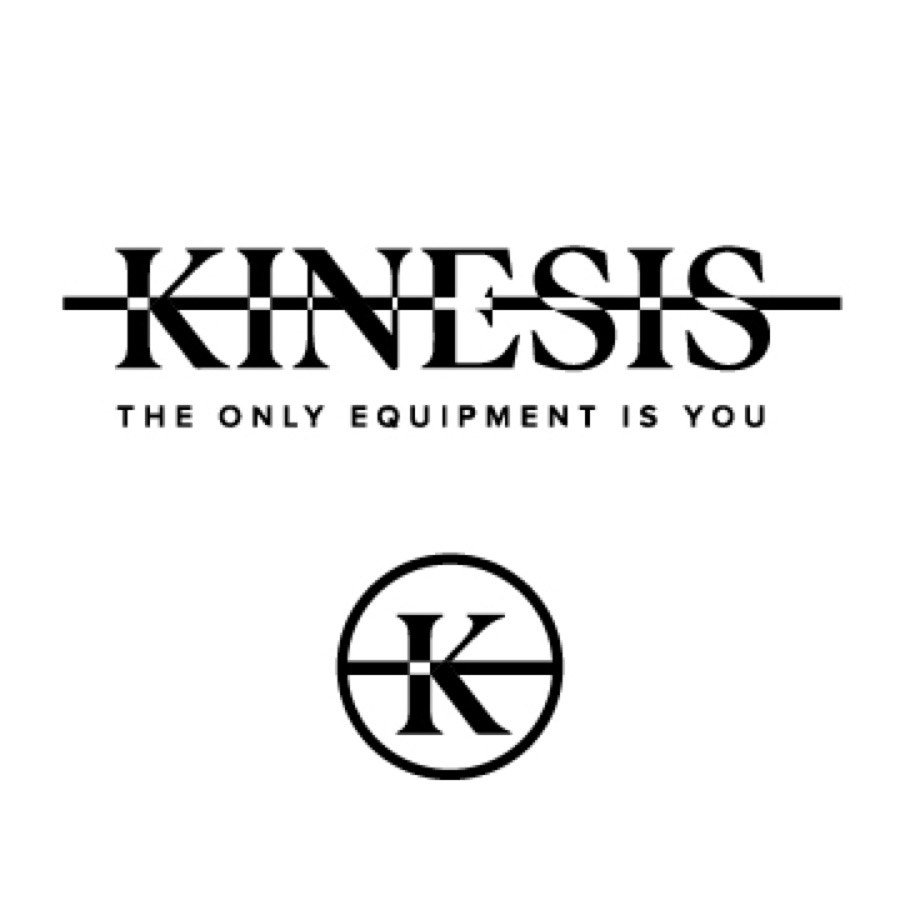 The Kinesis wordmark struck through by a horizontal rule, shown above the circular K monogram in which the same rule cuts across the letterform.