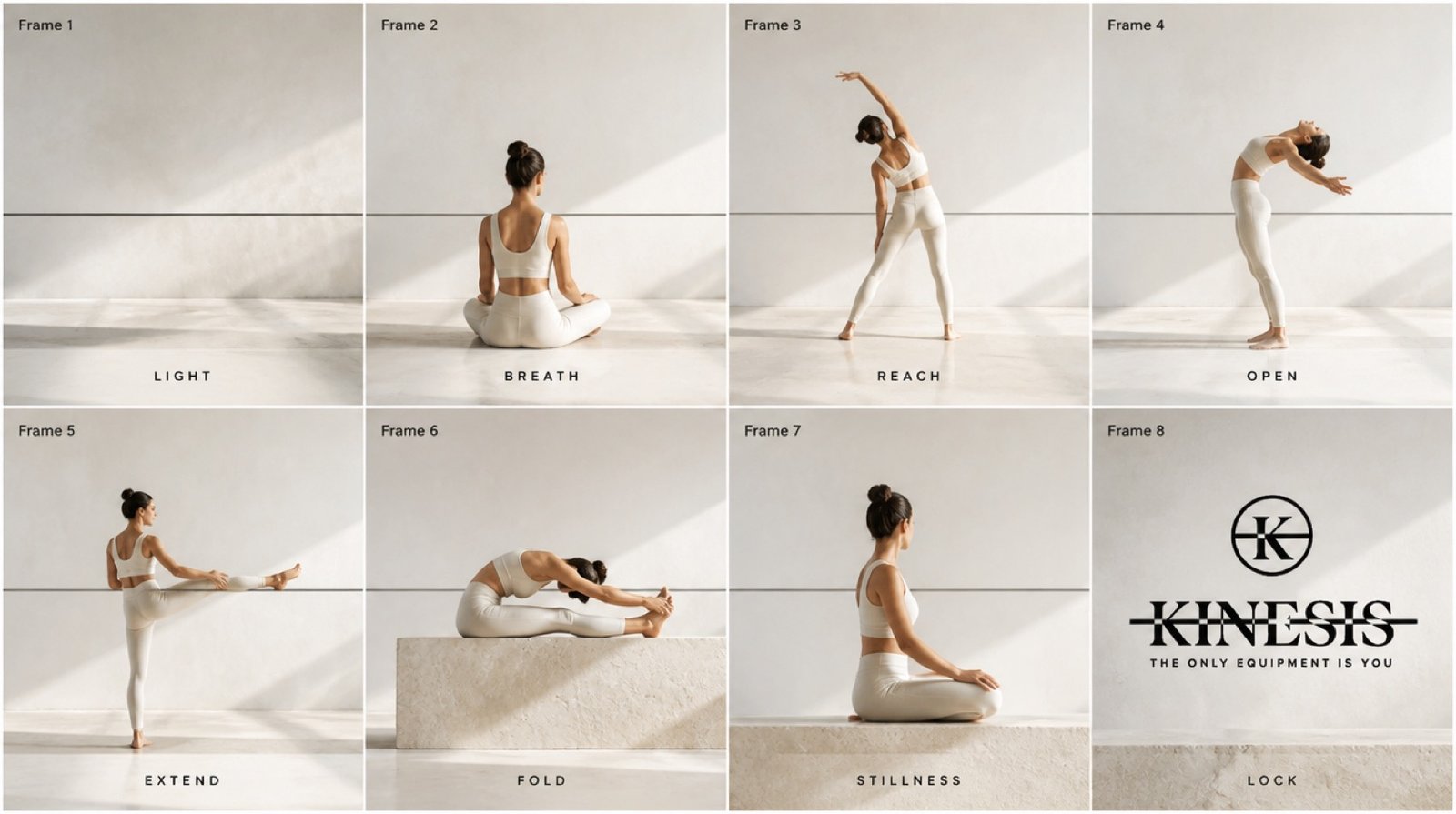 An eight-frame Kinesis yoga sequence storyboard showing a full movement progression.