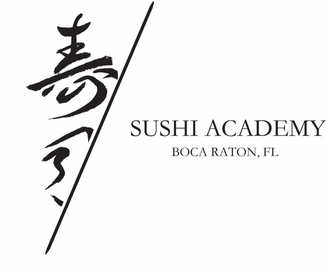 The Sushi Academy lockup: brushed calligraphy cut by a diagonal rule, with SUSHI ACADEMY and BOCA RATON, FL set beside it in serif capitals.