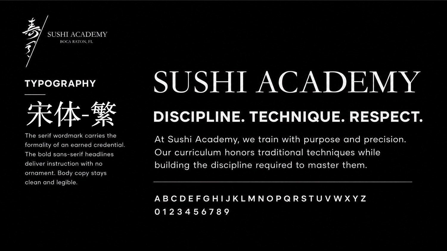 A page from the Sushi Academy brand buildout deck showing the typographic system: serif wordmark, the line Discipline. Technique. Respect. in bold sans capitals, and body copy specimens.
