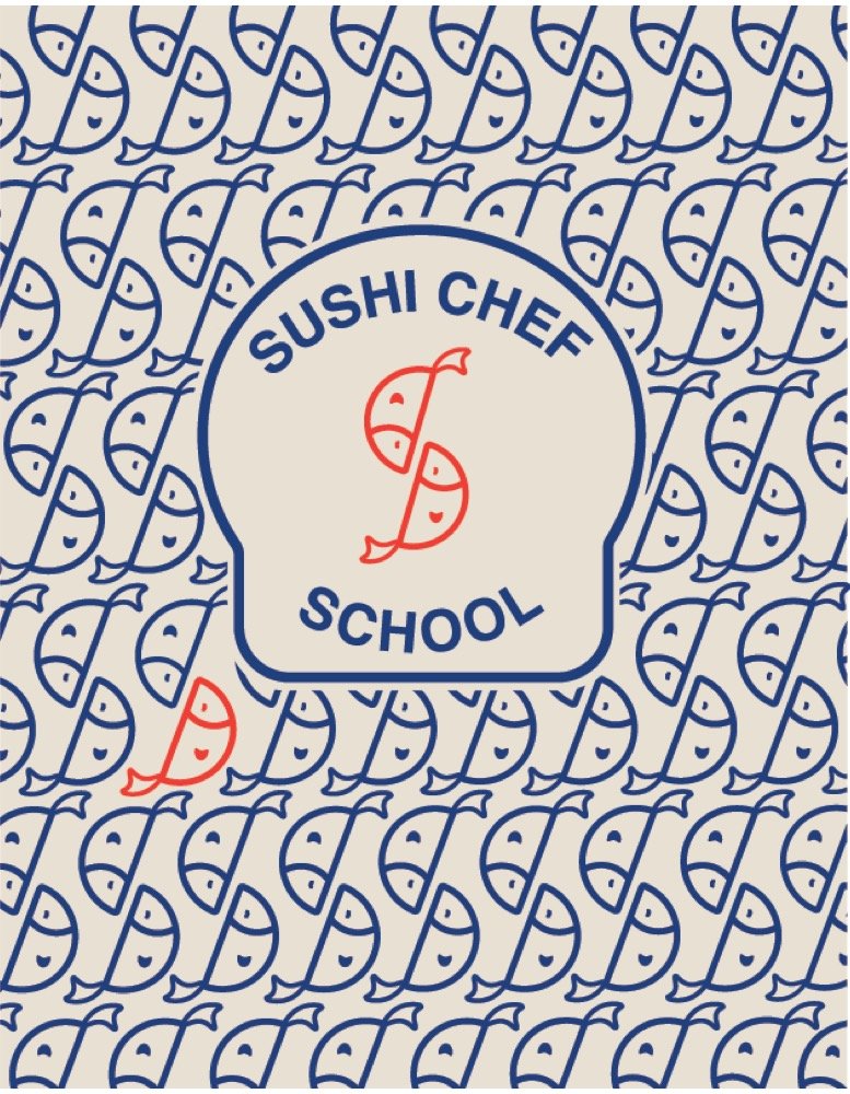 Sushi Chef School badge on a repeating navy fish pattern.