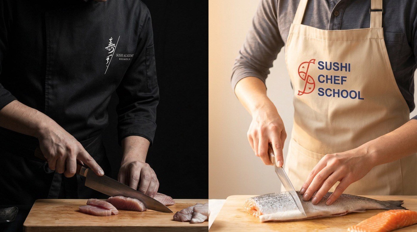 A two-up comparison: on the left a chef in the black Sushi Academy coat slicing tuna; on the right a student in the cream Sushi Chef School apron filleting a salmon.