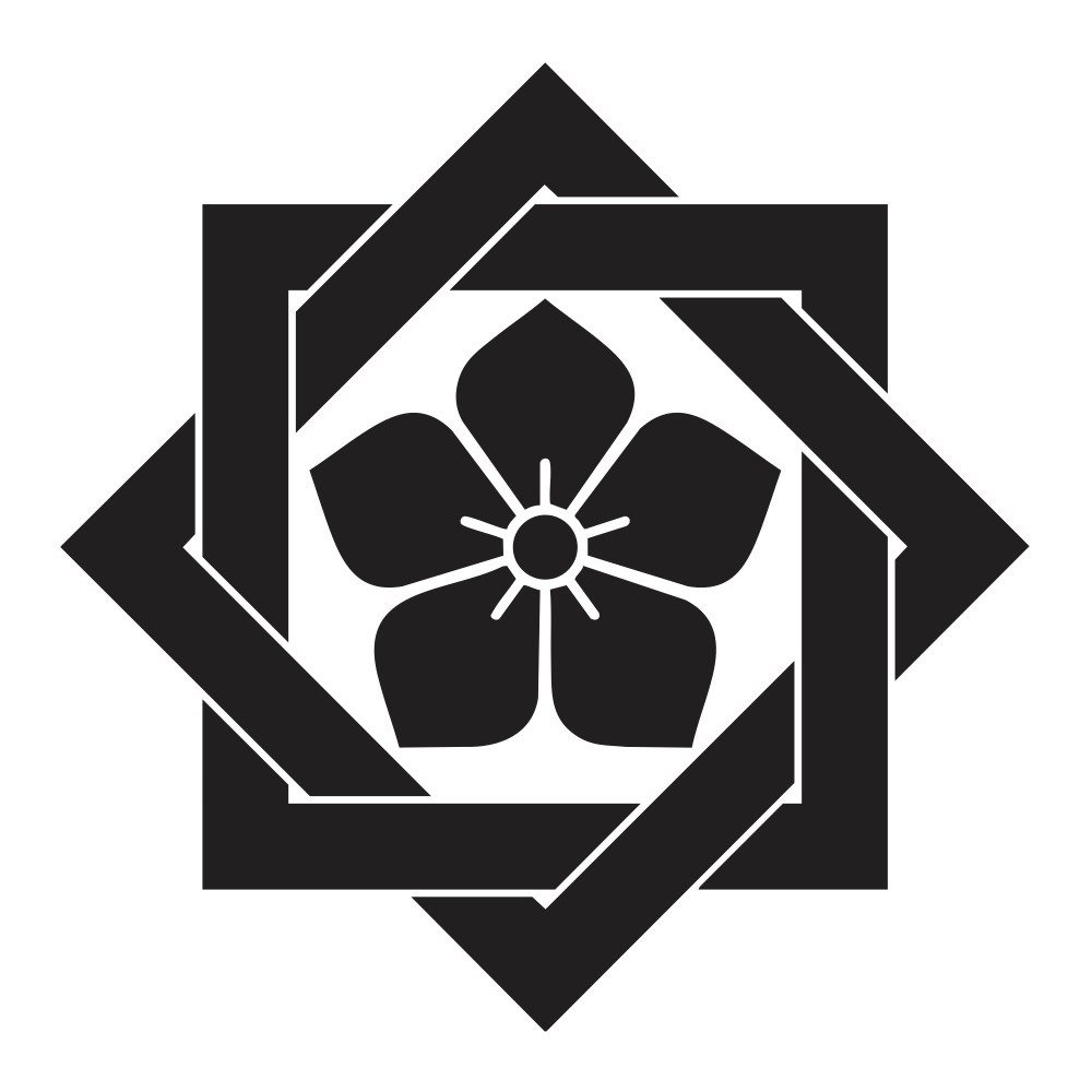 The Sushi Dojo crest: a five-petal kamon flower centred inside two interlocking rotated square frames.