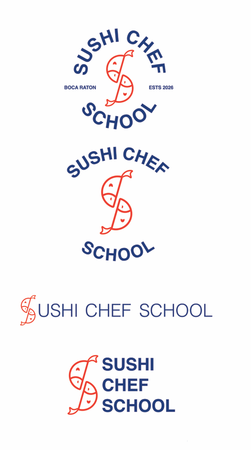 Four Sushi Chef School lockups: two circular badges in navy and coral around a fish-form S monogram, plus horizontal and stacked wordmark versions.