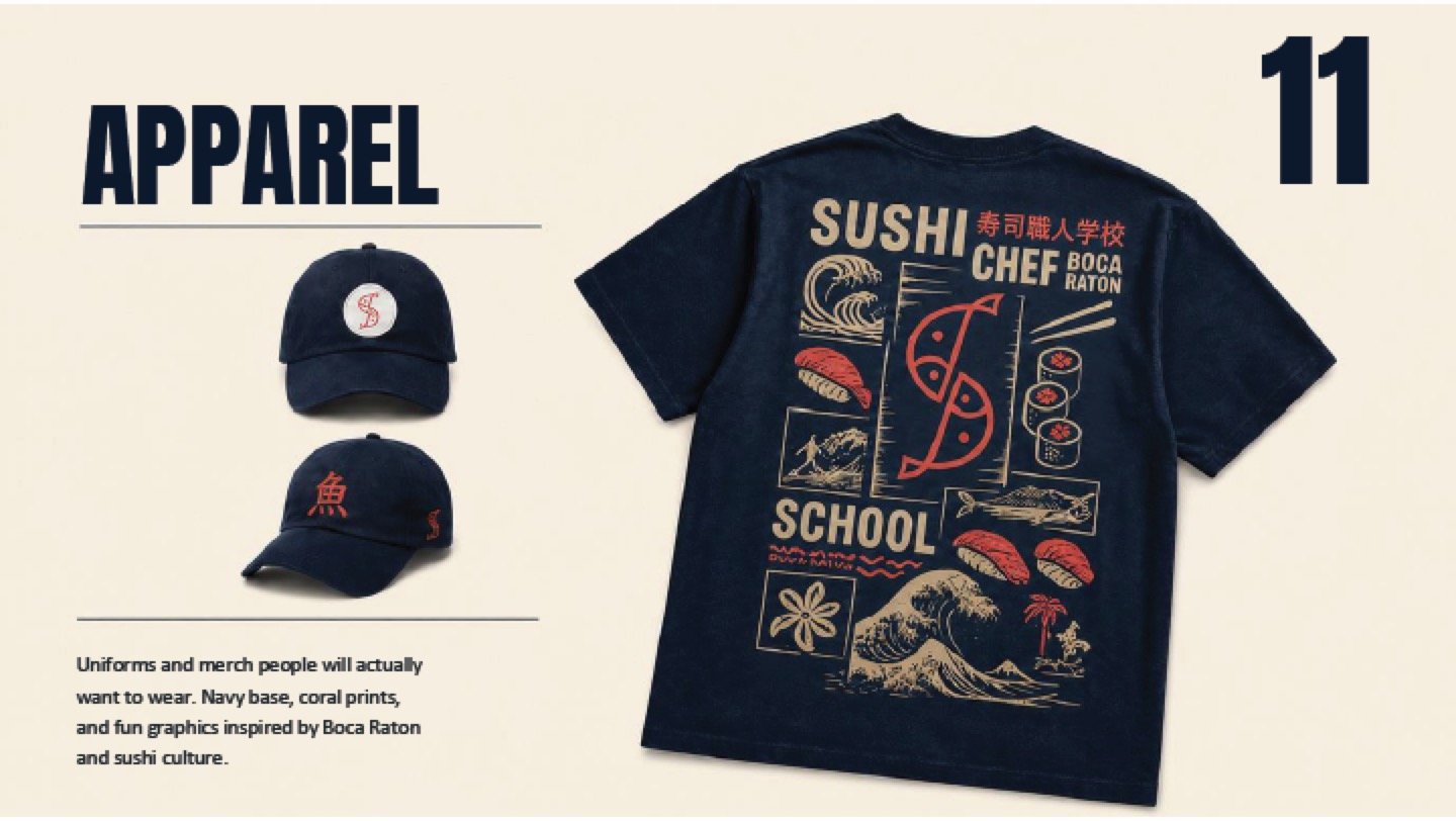 Navy caps and a navy tee carrying a coral back graphic.
