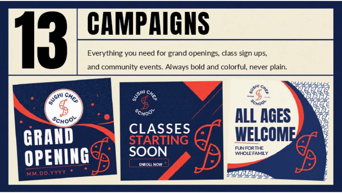 Three Sushi Chef School social layouts in navy, coral and cream.