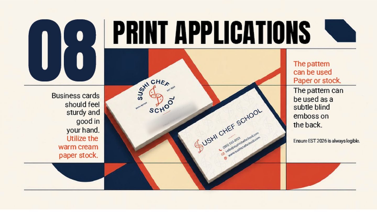 Print applications page: Sushi Chef School business cards on warm cream stock, with specification notes on paper weight and blind embossing.