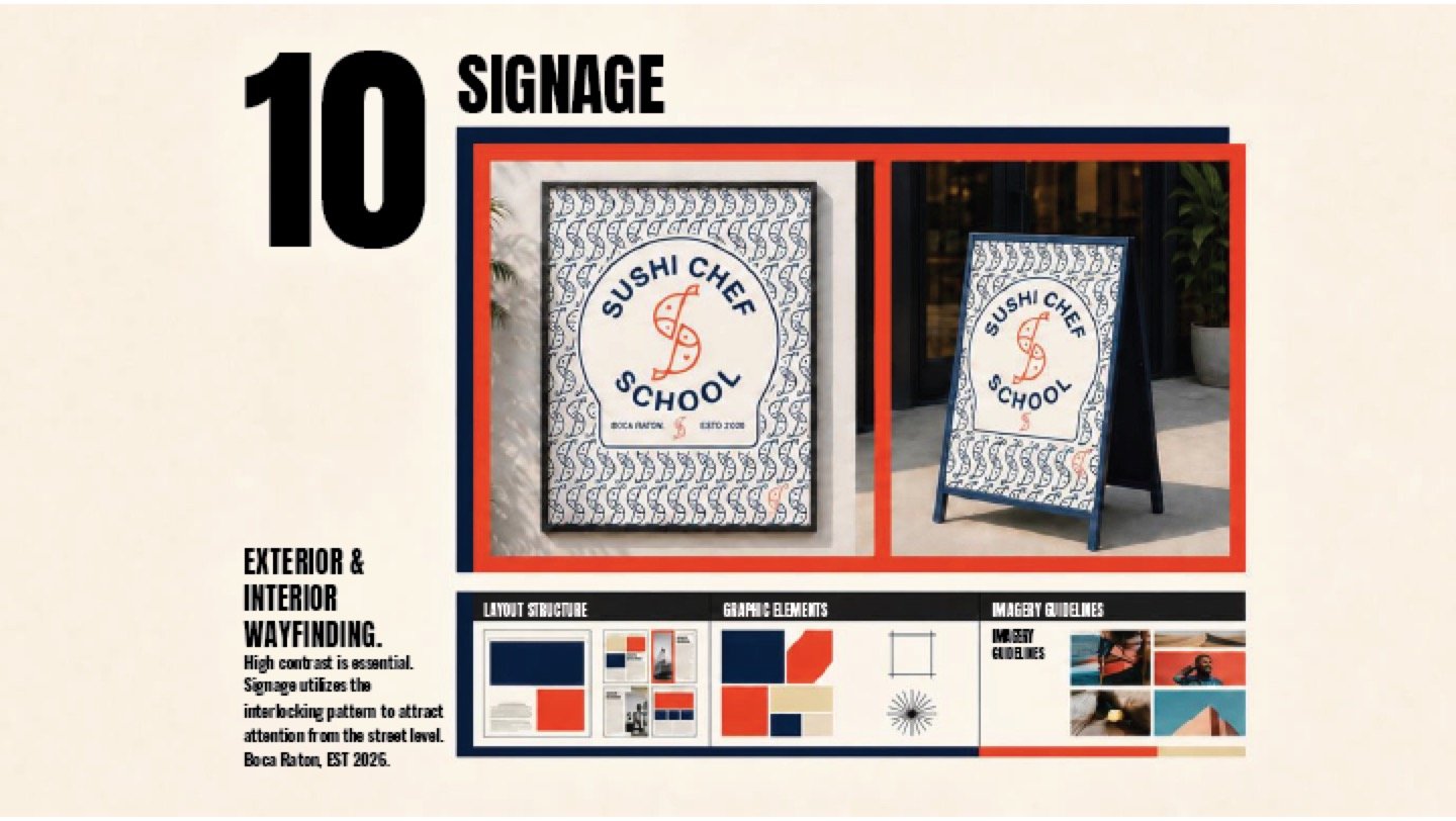 A framed poster and an A-frame pavement sign using the fish pattern, with layout guidelines.