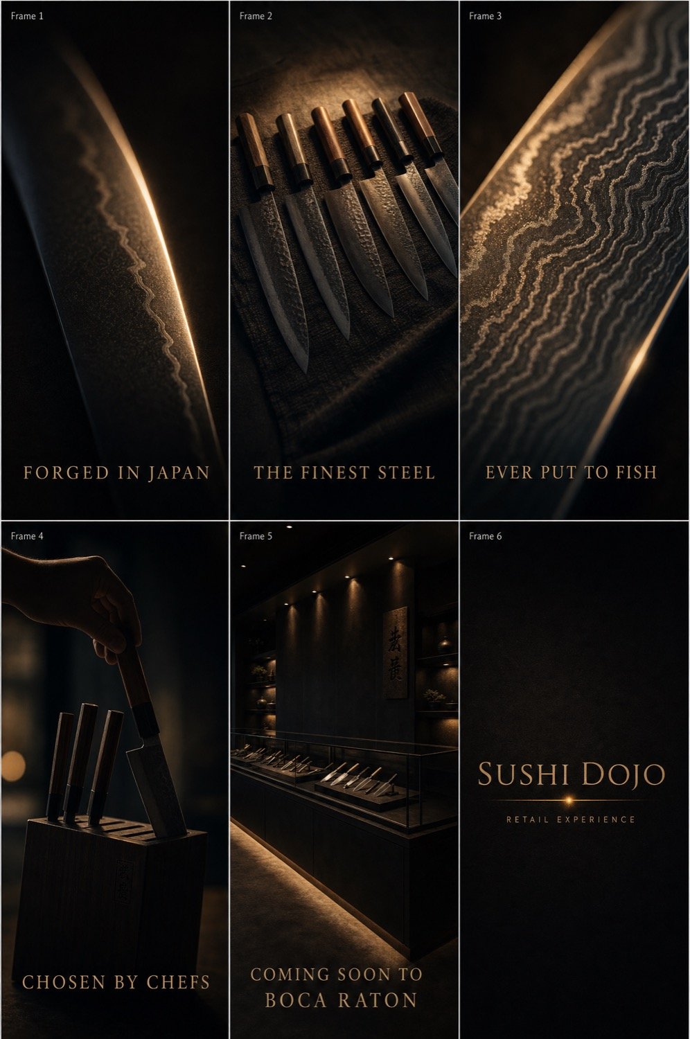 The Sushi Dojo knife campaign storyboard, six frames showing the product reveal sequence.