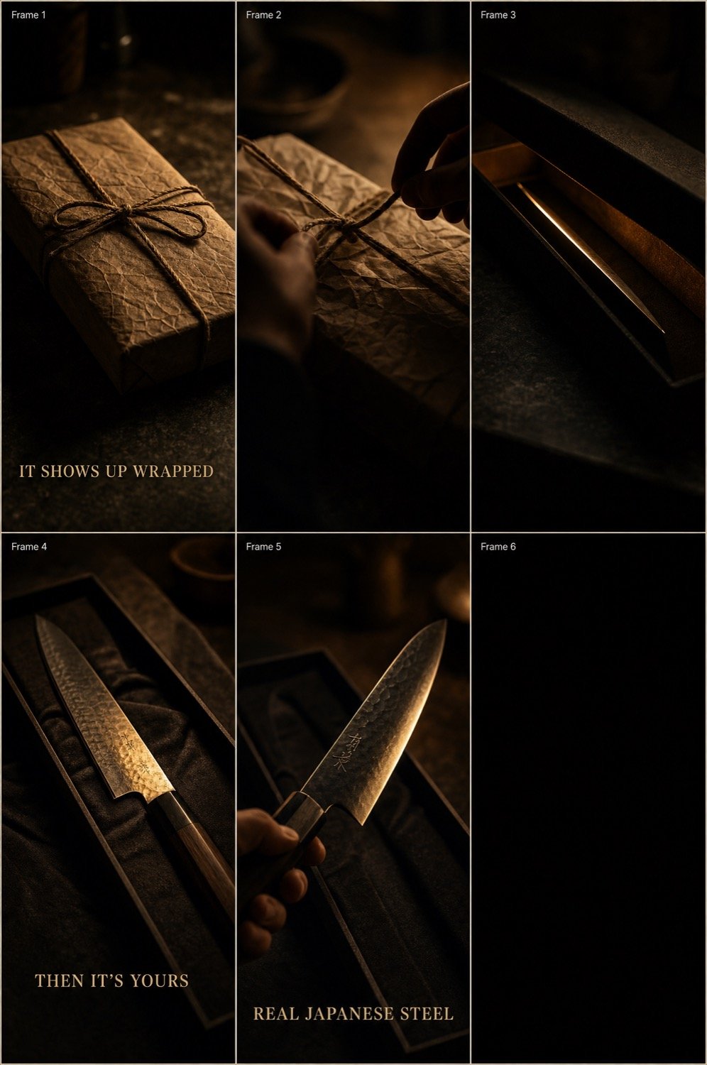 The Sushi Dojo knife unboxing storyboard, six frames following the package being opened.