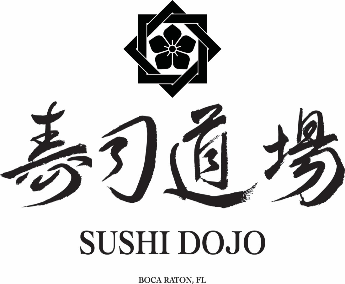 The full Sushi Dojo lockup: the kamon crest above brushed Japanese calligraphy reading 寿司道場, with SUSHI DOJO and BOCA RATON, FL set beneath in serif capitals.